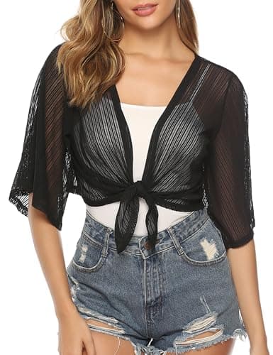 iClosam Women Sheer Shrug Tie Front Short Sleeve Cropped Bolero Shrug Cardigan - Image 1