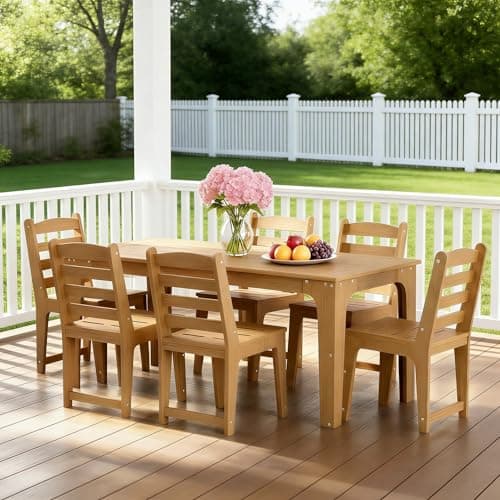 ACUEL HDPE Patio Dining Set for 6, Weather-Resistant Outdoor Table with Umbrella Hole, Never Sagging One-Piece Tabletop with Metal Support Bars for Poolside Backyard Garden (Teak Color) - Thumbnail 5