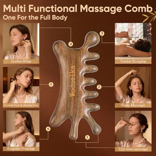 Woduelka Wooden Gua Sha Facial Tool – Natural Sandalwood Guasha Tool for Head Neck Body Care, Ergonomic Wooden Scalp Massager, Natural Massage Comb for Puffiness & Stress Relief - Thumbnail 2