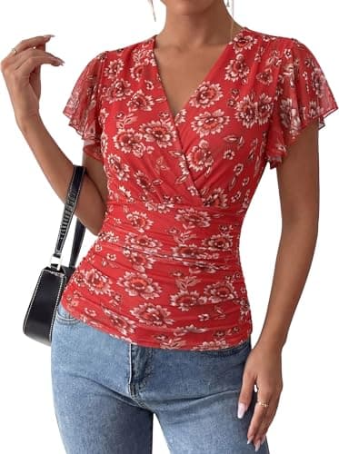 GRACE KARIN 2026 Womens Mesh Tops Summer Ruffle Sleeve Dressy Casual Top Floral Wrap Blouse Fashion Outfits Red M - Image 1