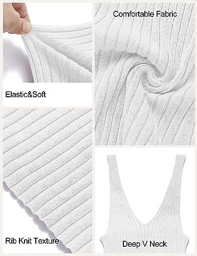 MEROKEETY Womens 2025 Summer V Neck Knit Midi Dress Bodycon Casual Sleeveless Ribbed Party Sweater Dresses,White,S - Thumbnail 6