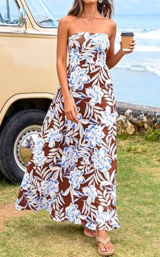 PRETTYGARDEN Women's Floral Maxi Dress 2026 Boho Off Shoulder Backless Flowy Spring Wedding Guest Dresses Long Sundress (Brown White Floral, Medium) - Thumbnail 3