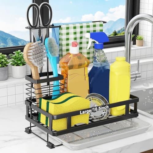 Godboat Kitchen Sink Organizer with Brush Rack, 304 Stainless Steel Dish Soap Dispenser, Sponge Holder for Kitchen Sink, Sink Caddy with Drain-Pan, Cool Kitchen Gadgets & Gifts for Women, Christmas - Image 1