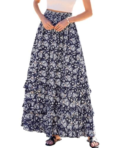 BTFBM Skirts for Women Summer Flowy A-Line Floral Boho Maxi Skirt Long Wedding Guest Dresses Spring Outfits 2026(Floral Floral Navy White,Large) - Image 1