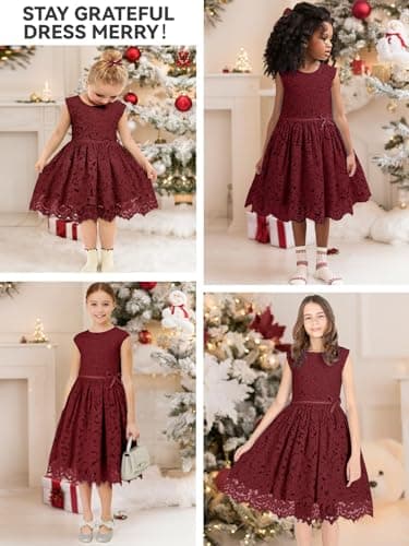 ALLOVIN Girls & Toddlers Sleeveless A-Line Lace Party Dress Birthday Wedding & Flower Girl Dress with Beaded Bowknot | Burgundy | 8-9Y - Thumbnail 6
