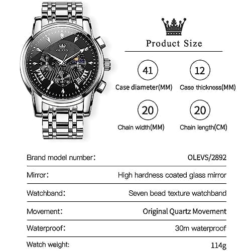 OLEVS Watch Men Black and Silver Watches for Men Luxury Stainless Steel Mens Watches Waterproof Luminous Large Face Classic Chronograph Analog Quartz Mens Wrist Watch Date Dress Reloj para Hombre - Thumbnail 6