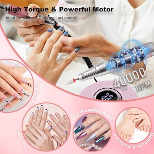 Qinvone Electric Nail Drill File: Professional 40000RPM Nail E-File Drill, Rechargeable Cordless Nail Drill with Bits & Base for Acrylic Nails Remove Nail Gel Polish Manicure for Home Salon Use (Blue) - Thumbnail 2