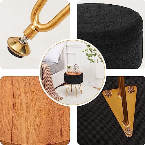 Cplxroc Footrest Footstools Round Faux Fur Ottoman with Storage Space Soft Vanity Chair Seat Coffee Table Ottoman Small Side Table Metal Legs with Adjustable Footings (Black) - Thumbnail 6