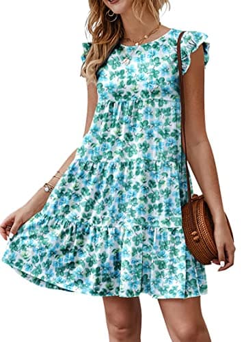 KIRUNDO Womens Summer Dresses 2026 Ruffle Sleeveless Boho Floral Mini Dress Round Neck Loose Short Flowy Pleated Babydoll Beach Sundress Cute Clothes, Floral3- White Blue Green, XX-Large - Image 1