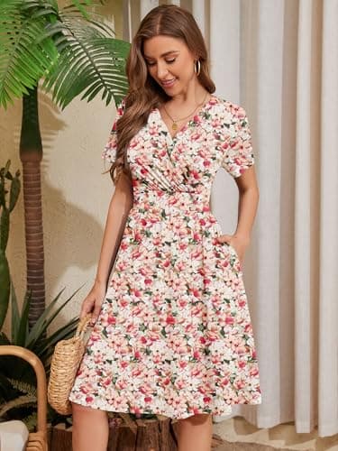 Heymoments Women's Summer Comfy Swing Sundress Creamy Vintage Blossom Small Short Sleeve Casual Midi Dress Wrap V Neck A-Line Classy Beach Vacation Teacher Dresses with Pockets - Thumbnail 2