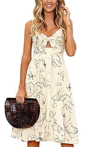 ECOWISH Women 2024 Summer Dresses Tie Front V-Neck Spaghetti Strap Button Down A-Line Backless Swing Midi Dress 809 Beige L - Image 1