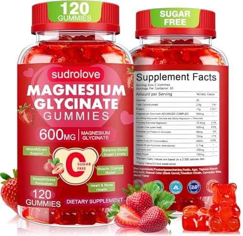 Magnesium Glycinate Gummies 600mg – Sugar Free Magnesium & Potassium Dietary Supplement with Vitamin D, B6 and CoQ10 for Calm Support & Sleep for Adults - High Absorption -Strawberry Gummies