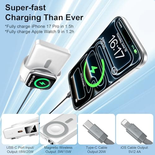 for Magsafe Portable Charger, 12000mAh 22.5W Fast Charging Power Bank with Built-in 2 Cables, 3-in-1 Magnetic Battery Pack with LED Display & Foldable Stand for iPhone 17/16/15/14/13 AirPods & iWatch - Thumbnail 3