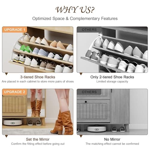 Hadulcet Entryway Shoe Storage Cabinet with 3 Flip Drawers & Mirror, Hidden Shoe Organizer Cabinet with Door & Adjustable Shelves, Freestanding Fluted Arched Panel Design, 9-Tier, Light Wood - Thumbnail 6