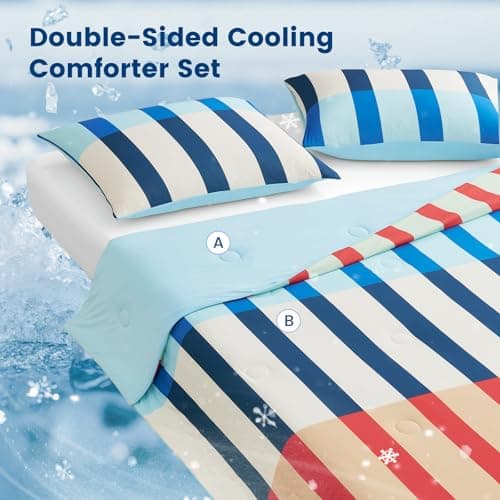 Snuggle Sac Mediterranean Stripe Cooling Comforter King Size Set, Q-Max ＞0.45 Cooling Blanket for Hot Sleepers & Night Sweats, Double-Sided Lightweight Breathable Summer Quilt, 106x90 Multi Green - Thumbnail 2