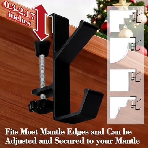 4 Pack Stocking Holders for Mantle for Christmas Decorations,2 in 1 Mantle Garland Holder for Hanging Christmas Stockings,No Drilling Required & Adjustable Garland Hanger, Metal(Black) (4 Black) - Thumbnail 2