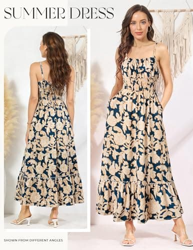 GRACE KARIN Summer Dresses for Women 2026 Vacation,Smocked Floral Maxi Dresses,Boho Beach Long Sundress Navy Flower XL - Thumbnail 3