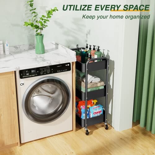 LEHOM 3 Tier Rolling Storage Cart, Metal Trolley Utility Cart with Wheels & Hooks, Easy Assembly Organizer Storage Cart for Bathroom Kitchen Office Bedroom - Thumbnail 6