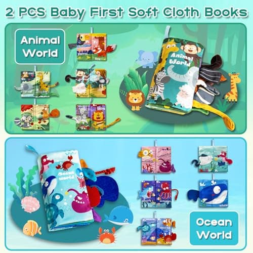 KIDS KING Soft Book Toys for Babies 0-18 Months, 2PCS Crinkle Cloth Books – Animals and Ocean Themes, Tails Sensory Book with Rings for Hang, Montessori Early Learning Infant Toy for 0-6-12-18 Month - Thumbnail 6