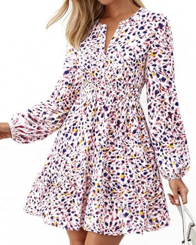 BTFBM Spring Dresses for Women 2026 Mini Long Sleeve Elastic Waist Summer Vacation Outfits Floral Wedding Guest Dress(Floral Purple Red, XX-Large) - Image 1