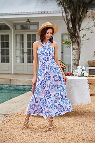 2026 Summer Women's Criss Cross Halterneck Sleeveless Floral Print Flowy A Line Maxi Dress Bluishviolet M - Thumbnail 2