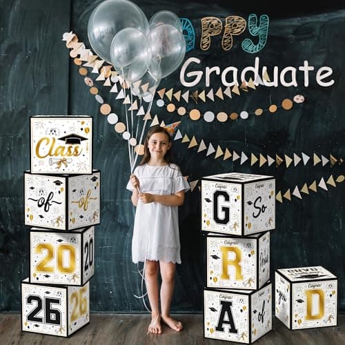 OHOME 8 Pack Graduation Decorations 2026 - Black Gold Balloon Boxes for Class of 2026 Party Favors Supplies - Graduation Party Decorations 2026 Yard Signs Banner Backdrop Decor (Black) - Thumbnail 6