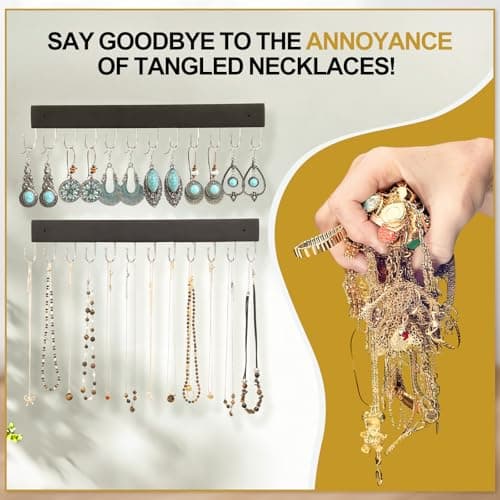 Dntorx Hanging Jewelry Organizer, 2 Pack Black Necklace Holder for Wall Wooden Necklace Organizers Hangers Wall Mount with 24 Hooks Jewelry Display Hanger for Necklaces, Bracelets, Earrings, Keys - Thumbnail 5
