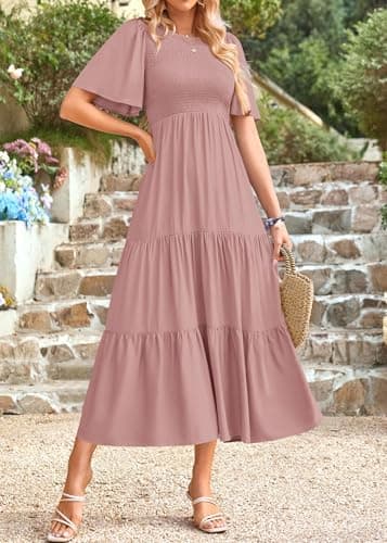 KIRUNDO Valentines Dress for Women Casual Summer 2026 Flutter Short Sleeve Midi Smocked Modest Cute A Line Flowy Dresses(Small, Pink) - Thumbnail 3