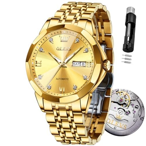OLEVS Gold Watches for Men Automatic Fashion Luxury Dress Men's Watch Mechanical Big Face Stainless Steel Waterproof Male Watch with Day Date Self Winding Diamond Luminous Relojes para Hombres - Image 1