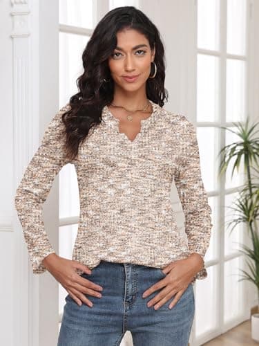 COCOMARTS Womens Waffle Knit V Neck Tops Long Sleeve Henley Shirts Casual Blouses Fall Winter Outfits 2025 Trendy Clothes Khaki White XX-Large - Thumbnail 3