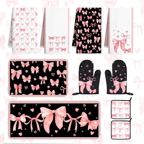 Vetoxka 10 Pcs Cute Pink Bow Kitchen Decor and Accessories - Valentines Day Sets 4 Dish Towels 2 Pot Holders 2 Oven Mitts 2 Rugs for Kitchen Bathroom Home Cooking Housewarming Baking Daughter Mom Gift - Image 1
