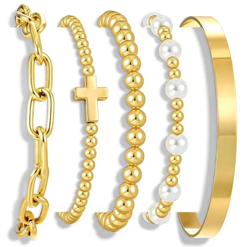 17 MILE Gold Beaded Bracelets for Women Non Tarnish, 14K Gold Plated Chunky Paperclip Chain Bracelet, Pearl Stretch Stackable Bracelet, Cross Bead Ball Elastic Bracelet Stack - Image 1