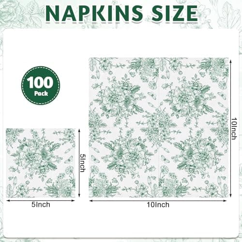 NatNarr 100 Pcs Floral Napkins, Green and White Toile Cocktail Napkins Vintage Flower Butterfly Design Chinoiserie Paper Napkin for Decoupage, St. Patrick's Day, Wedding, Bridal Shower, 5 x 5 Inch - Thumbnail 2
