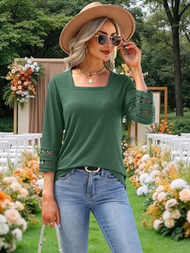MixShe Beach Vacation Clothes for Women Going Out Spring Tops 3/4 Sleeve Women's Clothing Blouses for Womens Dressy Casual Trendy Summer Fashion T Shirts Lavender Green X-Large - Thumbnail 5
