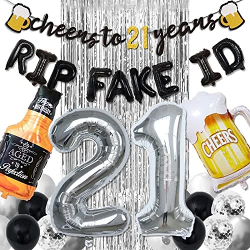 21st Birthday Decorations for Him - Black & Silver 21st Birthday Decor for Her with Cheers 21 Years Banner, Curtains, Confetti & Number Balloons - Image 1
