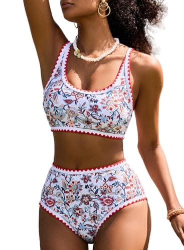Herseas Women's Bikini Sets Floral Print Shell Stitch Swimsuits High Rise Scoop Stretchy Bathing Suits Modest Vacation Outfits Cruise Essentials 2026 Summer Small Red - Image 1