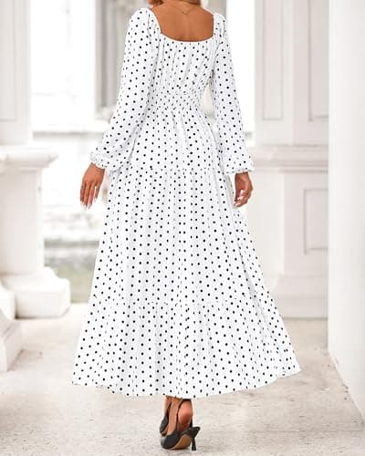 BTFBM Long Sleeve Dress for Women 2026 Spring Fall Boho Floral Square Neck Casual Flowy Long Wedding Guest Maxi Dresses(Polka Dot White Black, X-Large) - Thumbnail 3