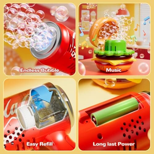 Burger & Cola Bubble Machine Combo W/Bubble Gun, 10 Bubble Solution Packs, Kids Automatic Bubble Blower Toy W/Music & Light, Handheld & Tabletop Bubble Maker, Gift for Birthday, Party Outdoor Fun - Thumbnail 4