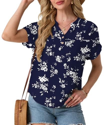 HiMONE Women’s Summer Tops Casual V Neck Short Sleeve Blouse Loose Fit Textured T Shirt Rolled Sleeve Lightweight Tunic Shirts - Image 1