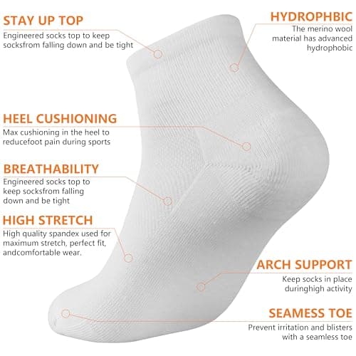 RTZAT Men's Women's 90% Merino Wool Ankle Athletic Business Casual Running Moisture Wicking Arch Support Thin Wool Socks, White, Large, 3 Pairs - Thumbnail 4