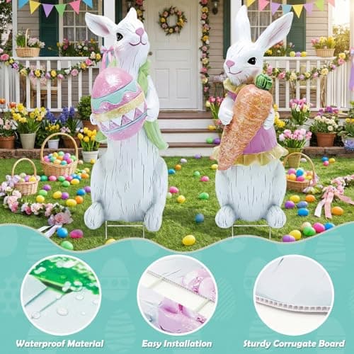 2 PCS Large Easter Decorations Outdoor Easter Yard Signs Easter Yard Decorations with Metal Stakes Bunny Decorations Easter Outdoor Garden Sign Waterproof Lawn Signs for Pathway Walkway - Thumbnail 6