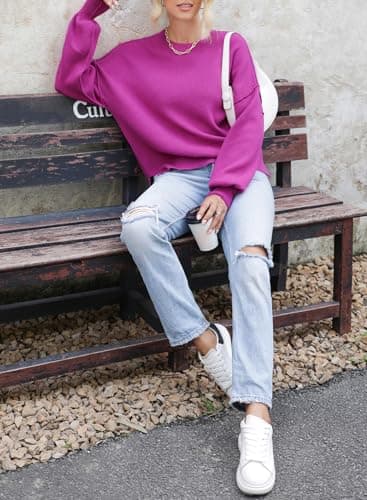 Dokotoo Womens Oversized Sweaters Crew Neck Solid Color Casual Loose Knitted Crop Tops Cute Chunky Knit Sweaters Fall Clothes for Women 2025 Violet X-Large - Thumbnail 4