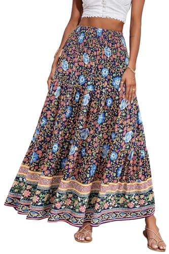 CFLONGE Women's 2026 Bohemian Long Skirts Flowy High Waist A Line Maxi Skirts for Women Summer(Floral Blue Red,X-Large) - Image 1