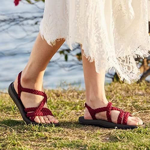 MEGNYA Comfortable Sport Sandals for Womens, Soft Arch Support Slide Sandals with Adjustable Straps, Plantar Fasciitis Walking Shoes for Beach Travel Hiking Bordeaux Size 8 - Thumbnail 3
