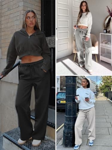 AFFOLE Wide Leg Sweatpants Women High Waisted Fleece Lined Baggy Straight Leg Lounge Pants Fall Outfits Athletic Joggers with Pockets Black - Thumbnail 6