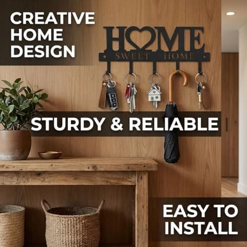 Key Holder Hooks Organizer Hanger Rack Wall Mounted Sweet Home Metal Decor Stylish and Practical for Entryway Front Door Kitchen Hallway Garage Mudroom Office Hardward Included Black (Sweet 13 inches) - Thumbnail 3