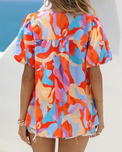 KIRUNDO Boho Tops for Women Summer 2026 Dressy Floral Blouse V Neck Drawstring Short Sleeve Shirts Beach Vacation Clothes(Pink Multicolored, XX-Large) - Thumbnail 3