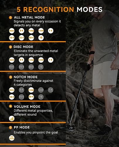 SUNPOW Metal Detector for Adults-10'' IP68 Waterproof Search Coil with New Upgraded DSP Chip-5 Modes Gold Detector-Strong Anti-Interference-OTMD04 - Thumbnail 2