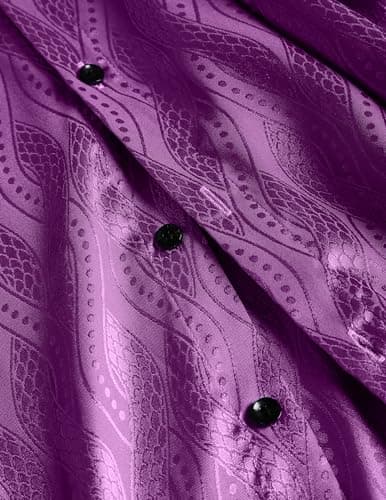 ZAFUL Men Metallic Satin Dress Shirt Luxury Jacquard Long Sleeve Casual Button Down Shirts Silk Shirts Purple XL - Thumbnail 3