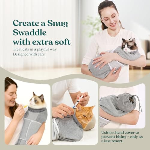 Supet Cat Grooming Wrap for Cutting Nails, Self-Adhesive Anti-Scratch Swaddle with Bite-Proof Mesh Hood & Thick Waist Strap Anti-Escape Bag for Nail Trimming, Medication, Ear Cleaning (Grey S) - Thumbnail 6